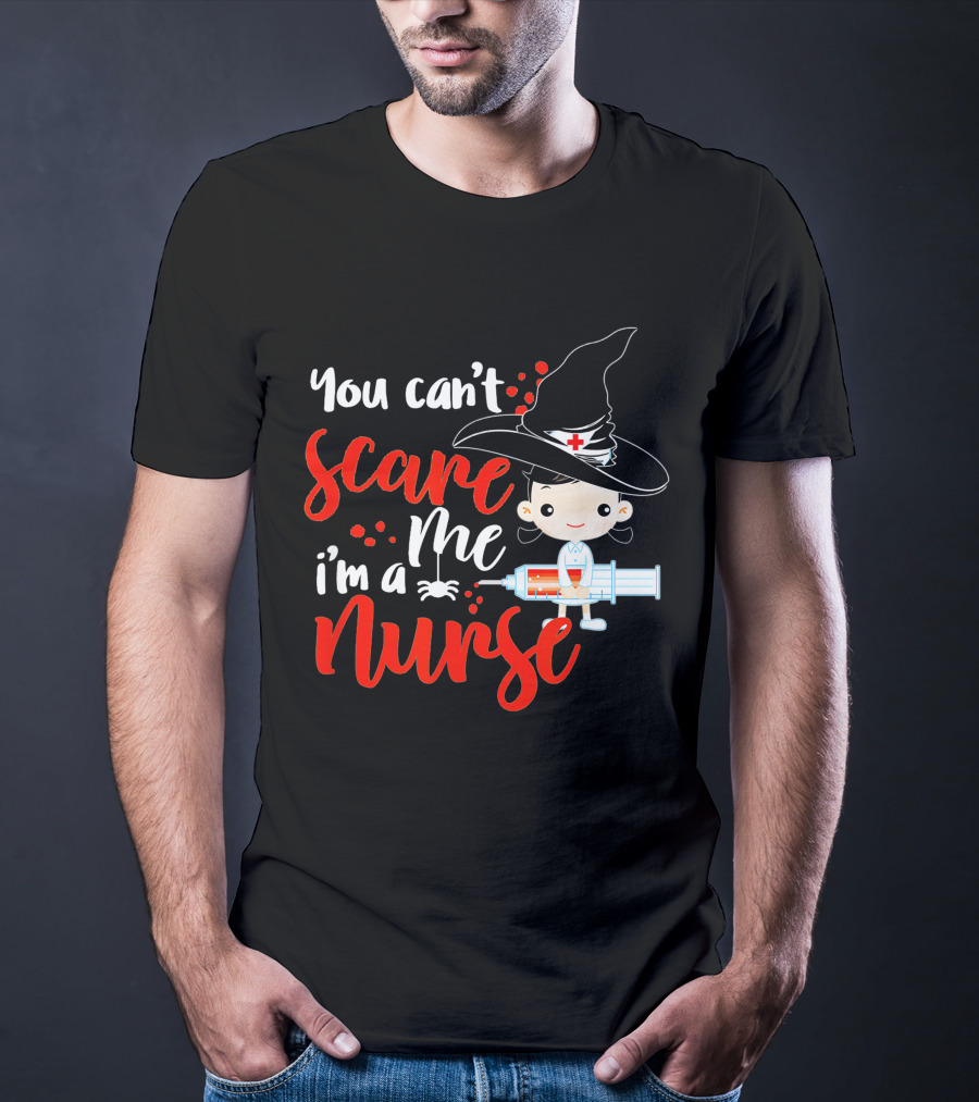 You Can't Scare Me I'm A Nurse Halloween Witch Hat Syringe T-Shirt