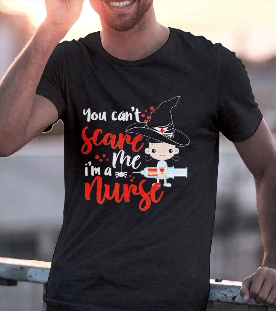 You Can't Scare Me I'm A Nurse Halloween Witch Hat Syringe T-Shirt