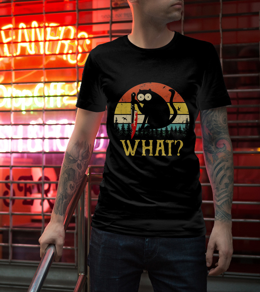 Black Cat What Retro Vintage Knife Sunset T-Shirt