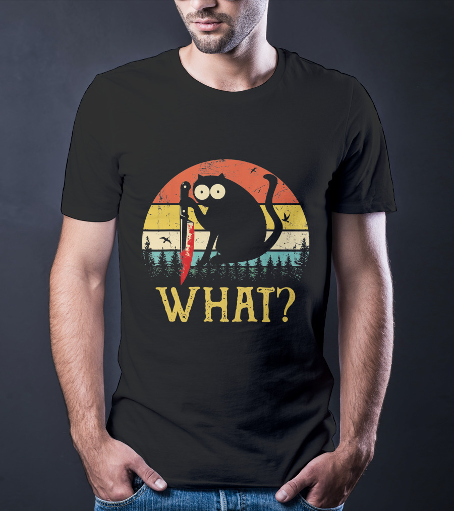 Black Cat What Retro Vintage Knife Sunset T-Shirt