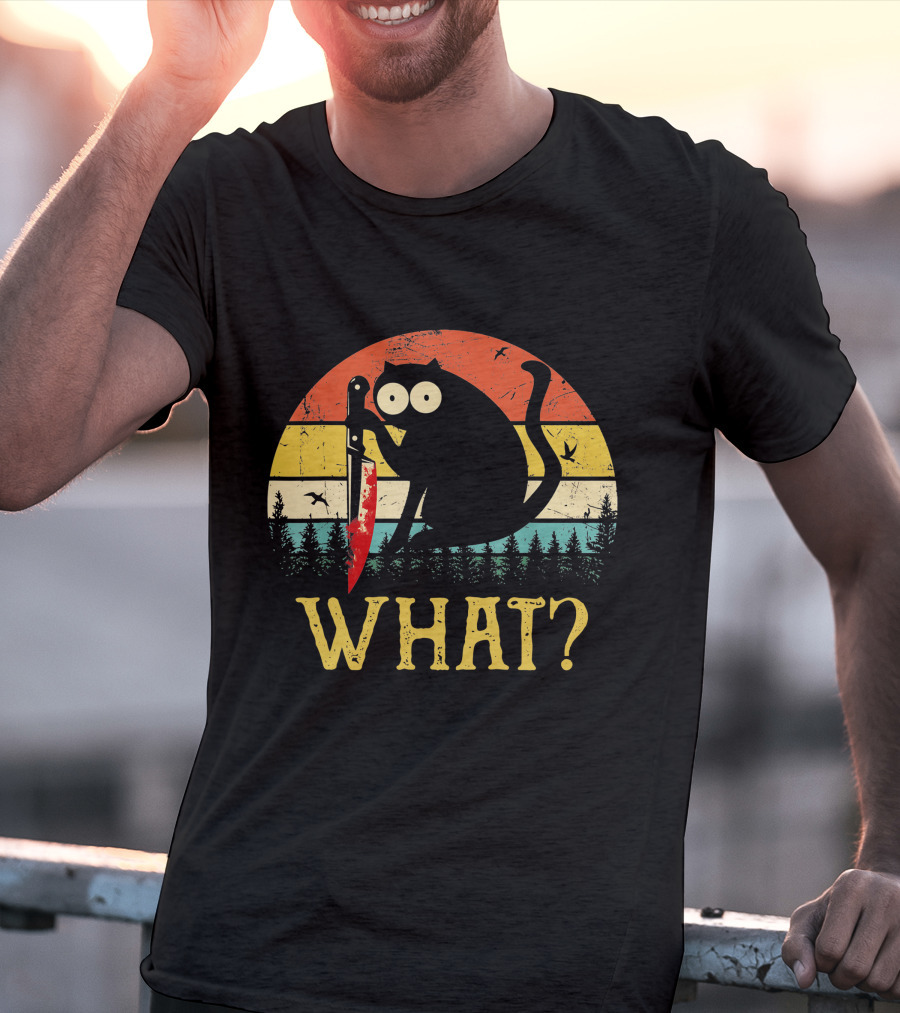 Black Cat What Retro Vintage Knife Sunset T-Shirt