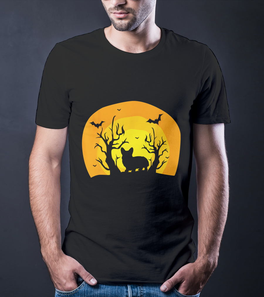 Corgi Dog Bat Halloween Silhouette With Moon And Trees T-Shirt
