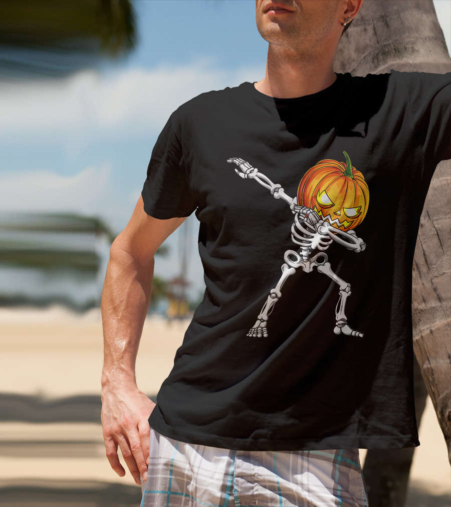 Halloween Dabbing Skeleton With Pumpkin Head T-Shirt