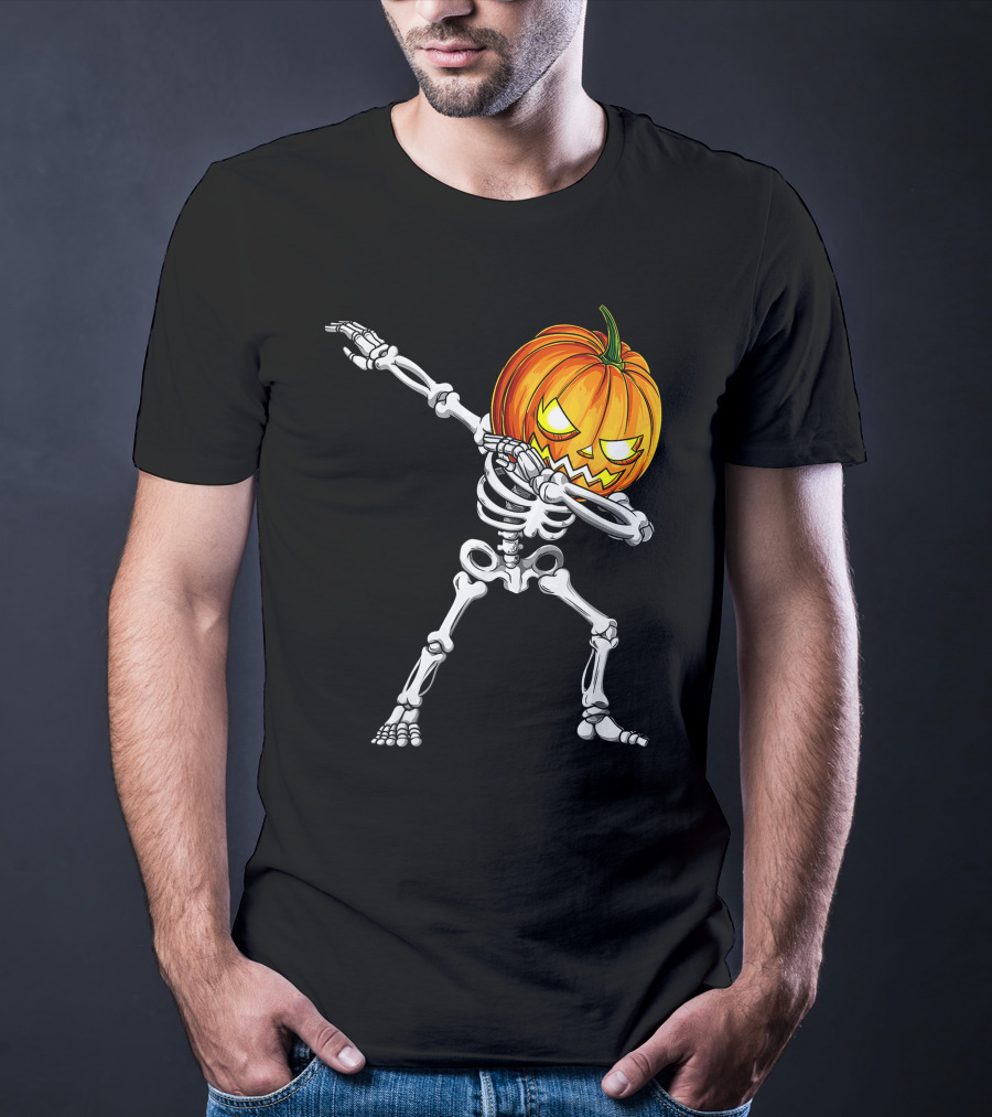 Halloween Dabbing Skeleton With Pumpkin Head T-Shirt