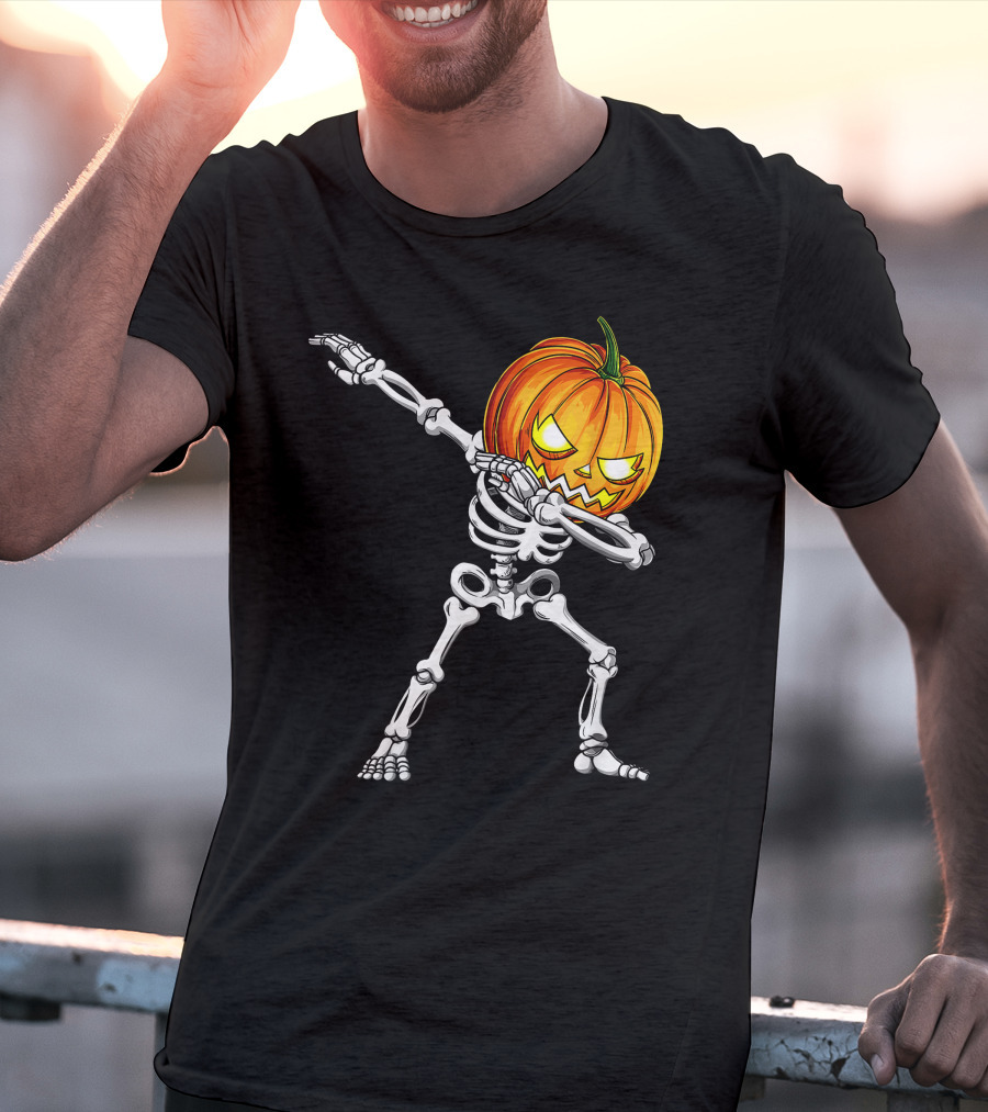 Halloween Dabbing Skeleton With Pumpkin Head T-Shirt