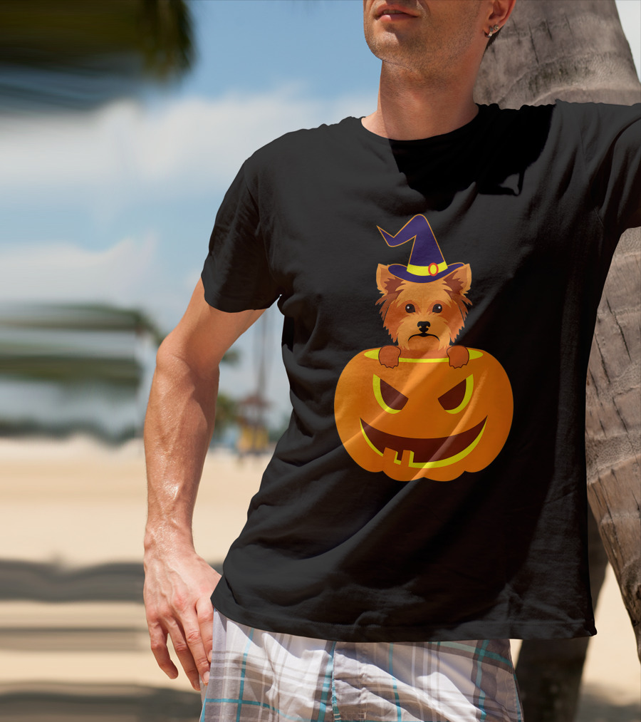 Yorkie Witch Hat Pumpkin Halloween Yorkshire Terrier T-Shirt