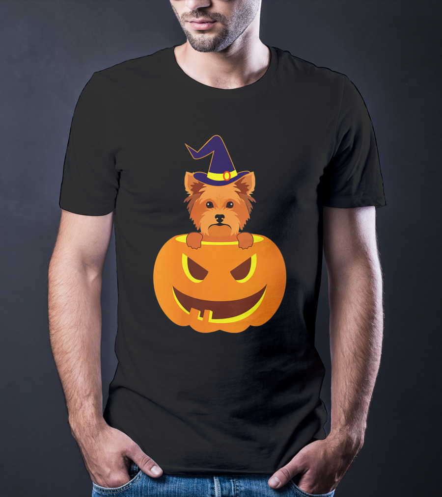 Yorkie Witch Hat Pumpkin Halloween Yorkshire Terrier T-Shirt