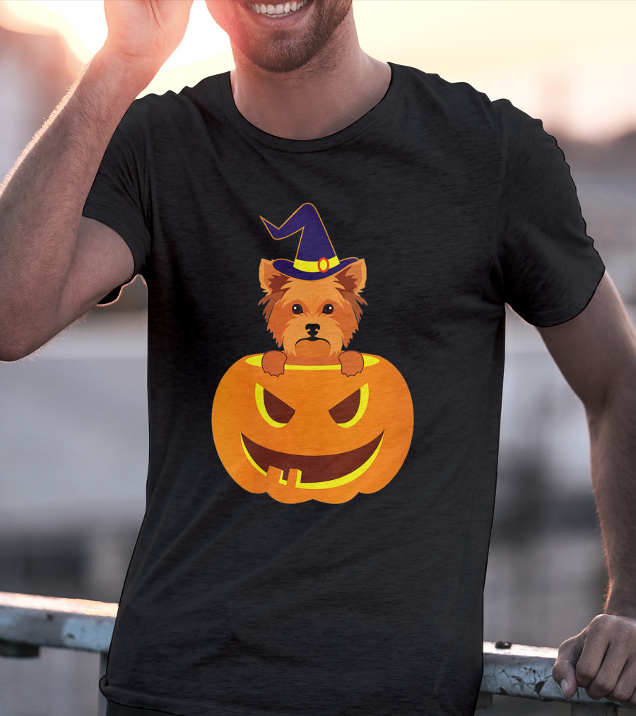 Yorkie Witch Hat Pumpkin Halloween Yorkshire Terrier T-Shirt