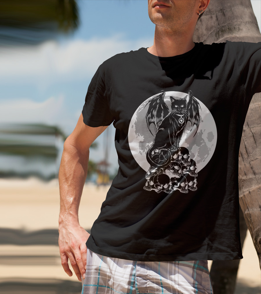 Halloween Cat Wings Skulls Moon Creepy Peace Sign T-Shirt