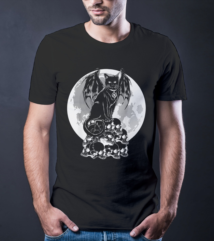 Halloween Cat Wings Skulls Moon Creepy Peace Sign T-Shirt