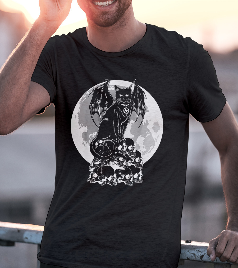 Halloween Cat Wings Skulls Moon Creepy Peace Sign T-Shirt