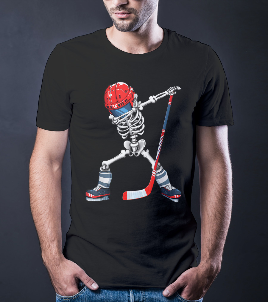 Dabbing Skeleton Ice Hockey Player Helmet And Stick T-Shirt