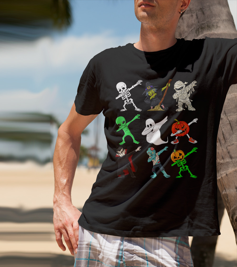 Halloween Dabbing Skeleton Witch Mummy Alien Ghost Pumpkin Vampire Zombie Monsters T-Shirt