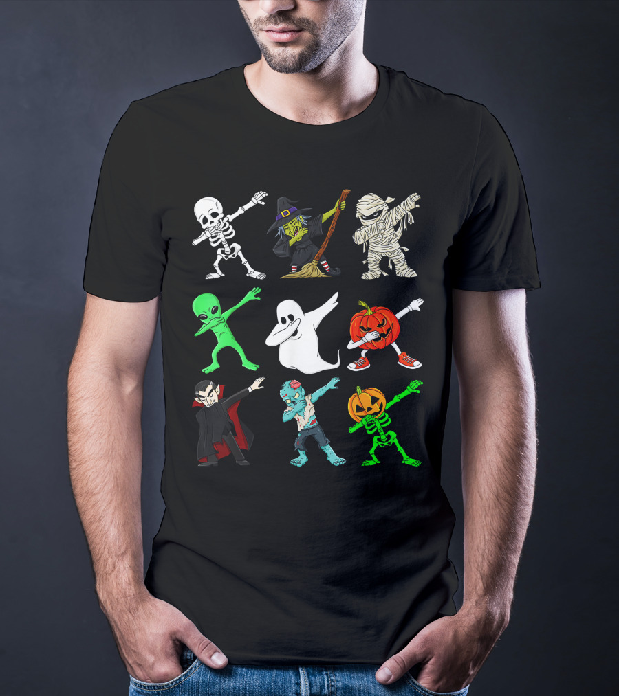 Halloween Dabbing Skeleton Witch Mummy Alien Ghost Pumpkin Vampire Zombie Monsters T-Shirt