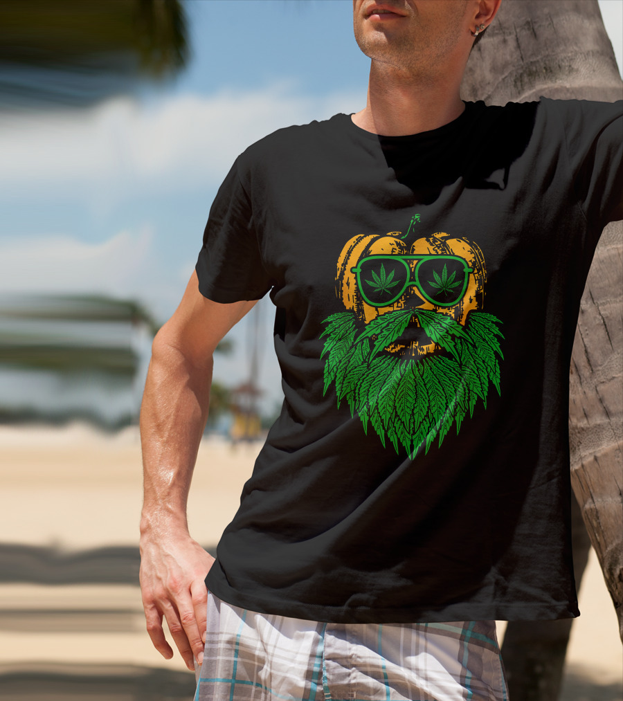 Weed Leaf Bearded Pumpkin With Sunglasses Costume Cool T-Shirt