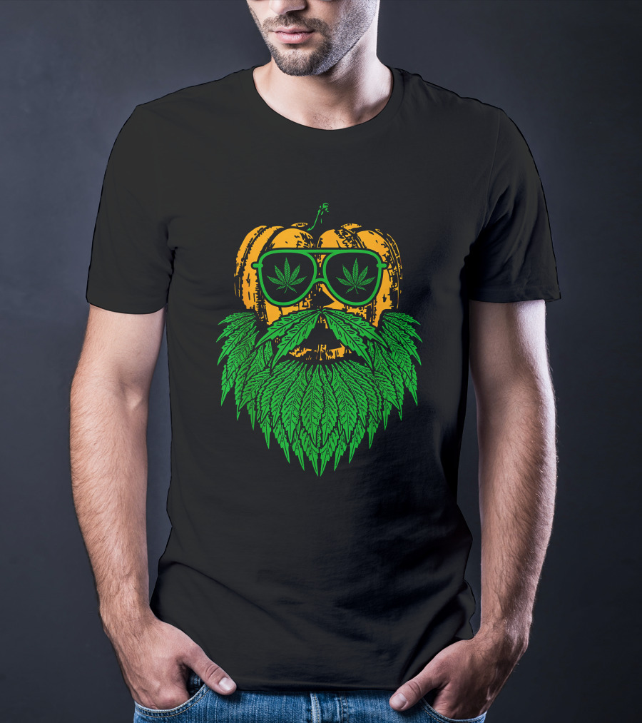 Weed Leaf Bearded Pumpkin With Sunglasses Costume Cool T-Shirt