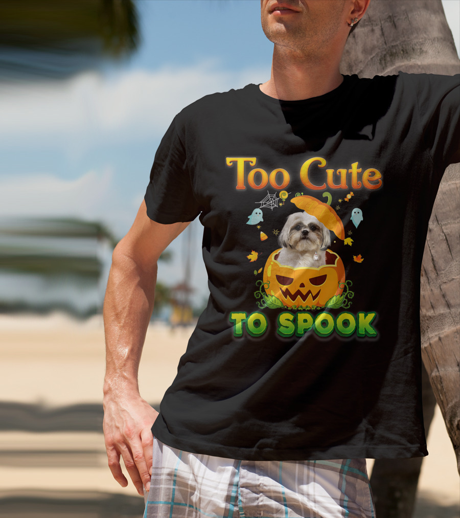 Too Cute To Spook Shih Tzu Dog In Pumpkin Halloween Ghost Leaves T-Shirt