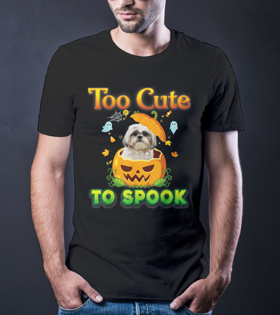 Too Cute To Spook Shih Tzu Dog In Pumpkin Halloween Ghost Leaves T-Shirt