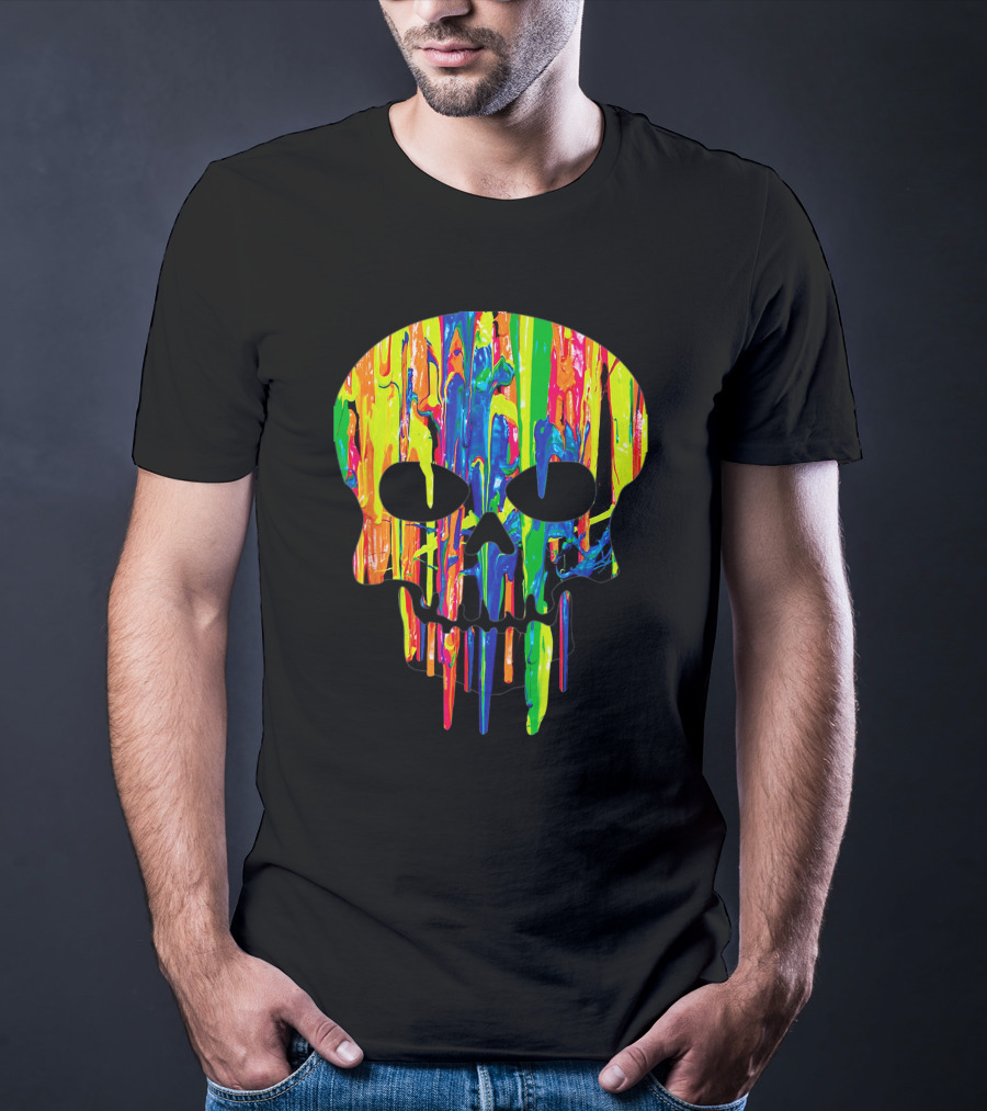 Colorful Melting Skull Cool Neon Drip Skull T-Shirt