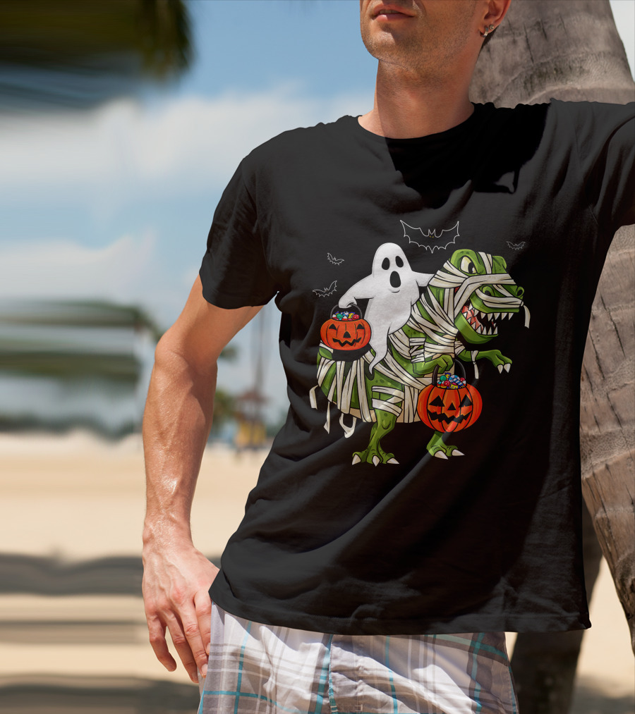 Ghost And Mummy T-Rex Halloween Candy Adventure T-Shirt