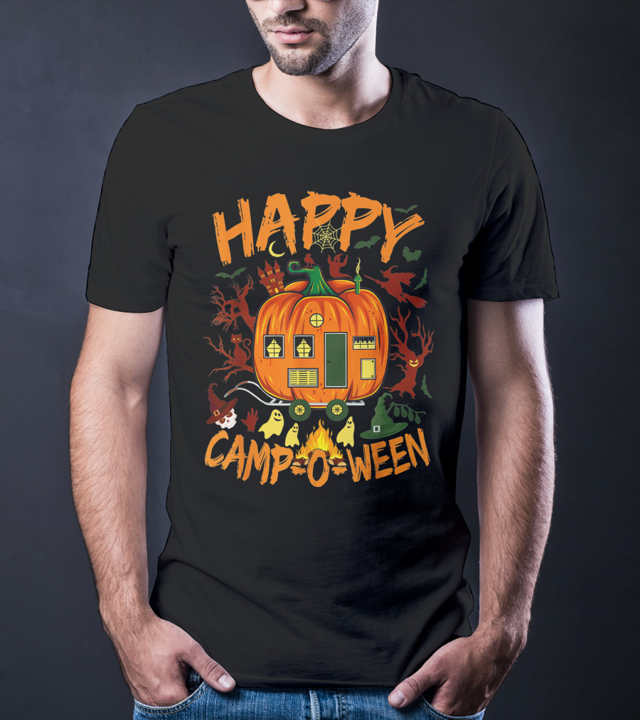 Happy Camp O Ween Funny Halloween Camping Camper Pumpkin Ghosts Witch Hat Spooky Fire T-Shirt