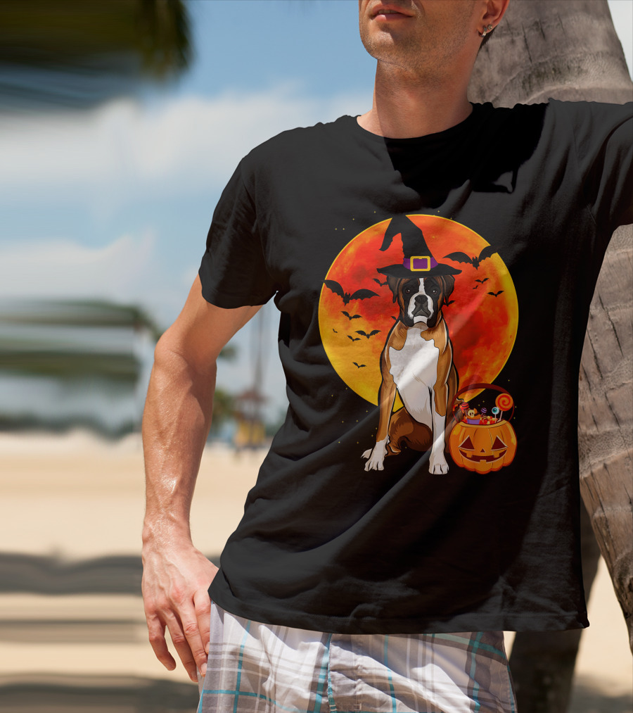 Boxer Dog With Witch Hat Pumpkin Full Moon Halloween Bats T-Shirt