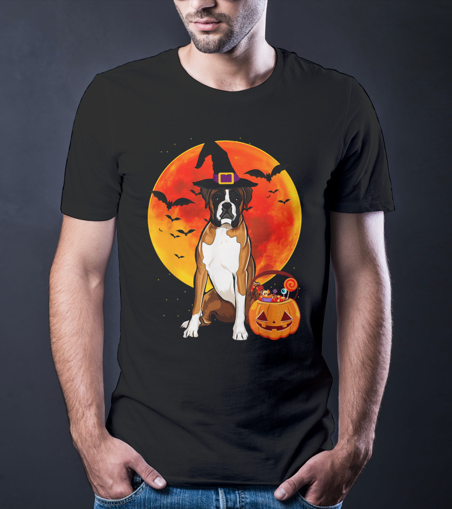 Boxer Dog With Witch Hat Pumpkin Full Moon Halloween Bats T-Shirt