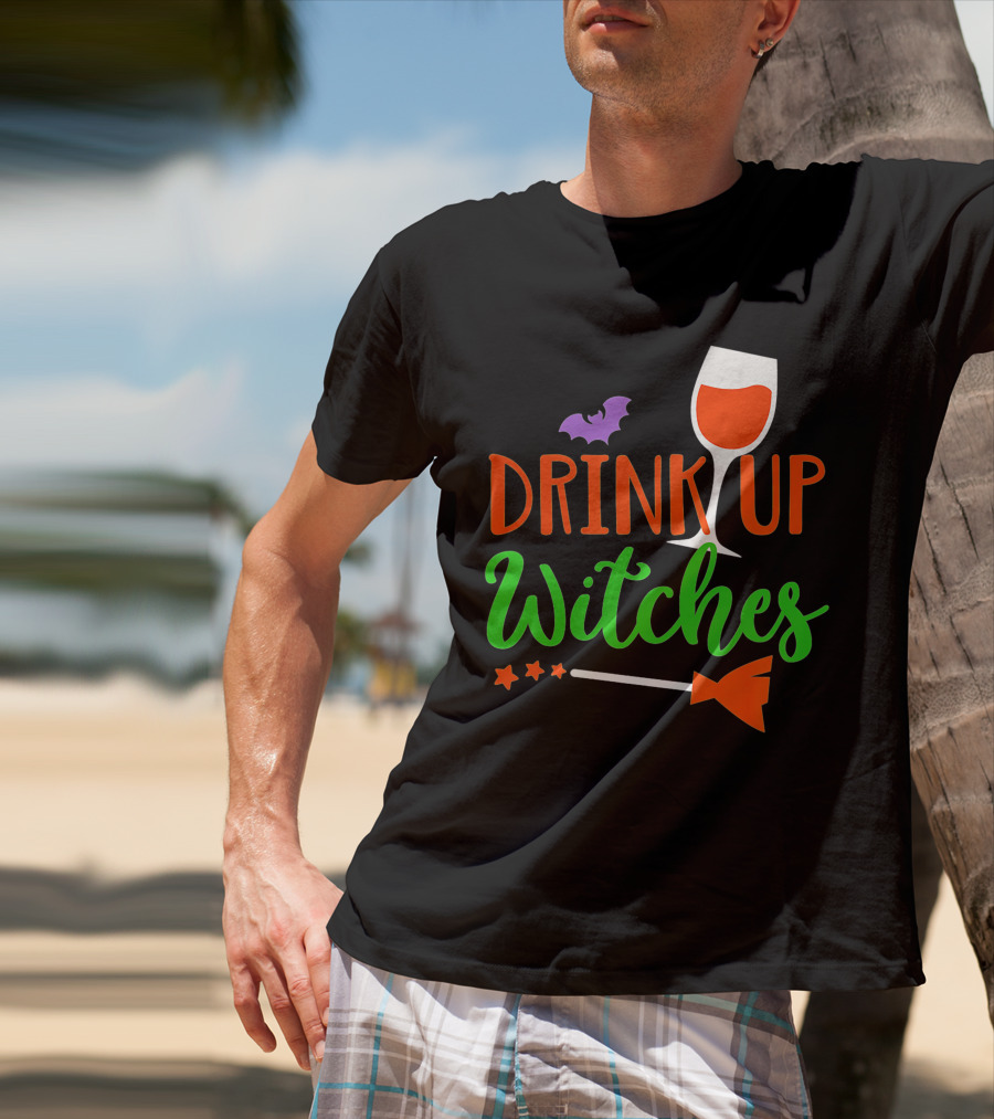 Drink Up Witches Halloween Vintage Family Wine Glass Broomstick Bat T-Shirt