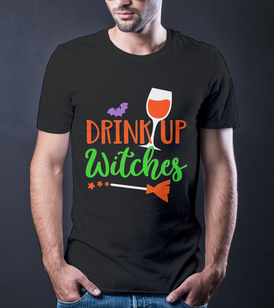 Drink Up Witches Halloween Vintage Family Wine Glass Broomstick Bat T-Shirt