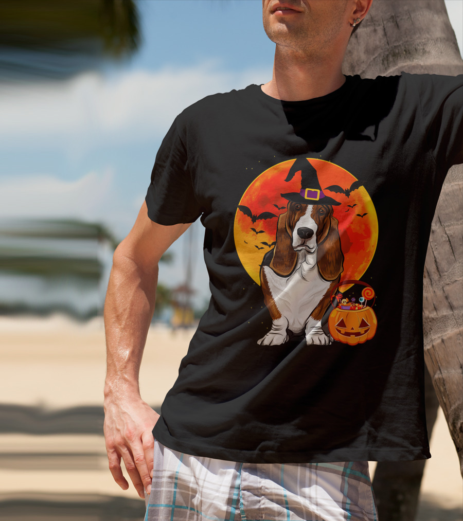 Basset Hound Witch Hat Halloween Pumpkin Candy Holder With Full Moon And Bats T-Shirt