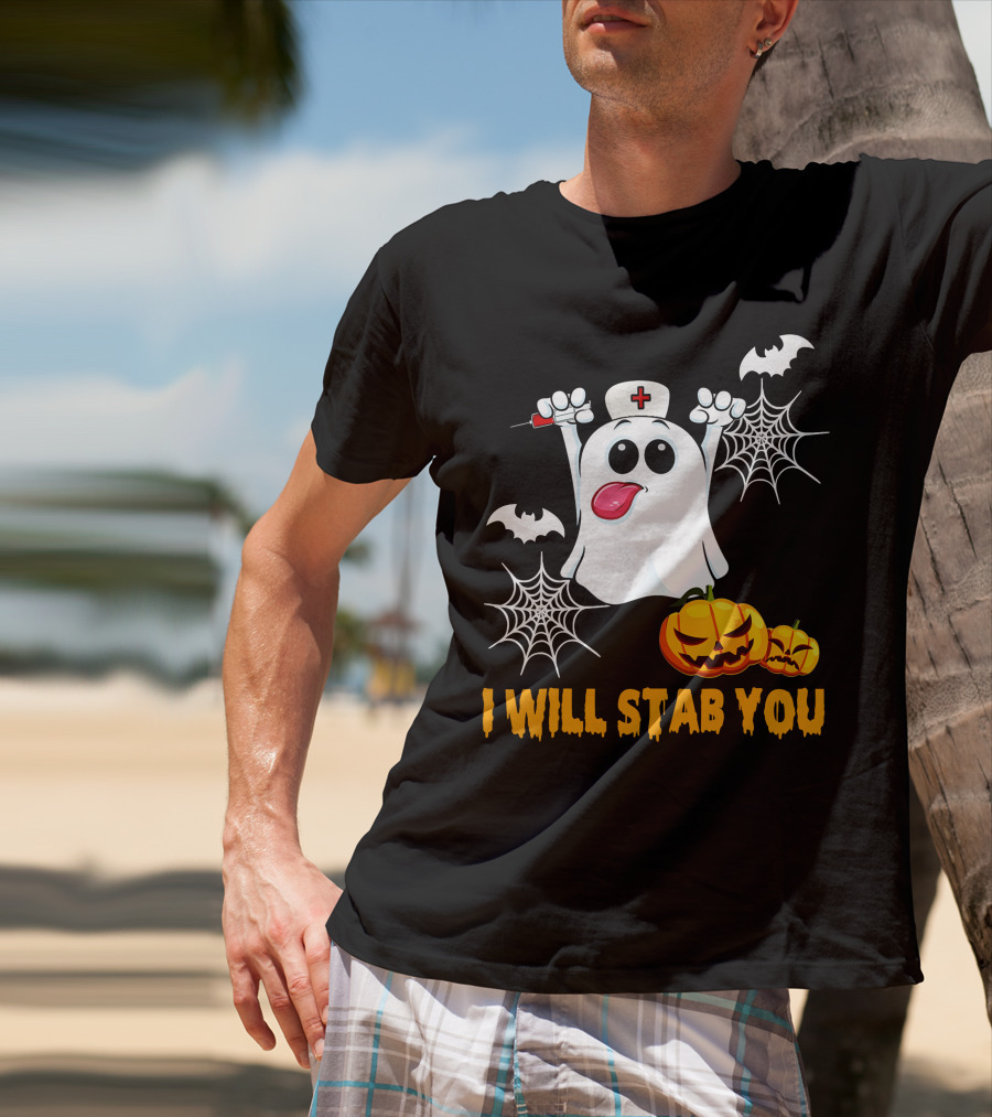I Will Stab You Funny Nurse Ghost With Pumpkins And Bats T-Shirt