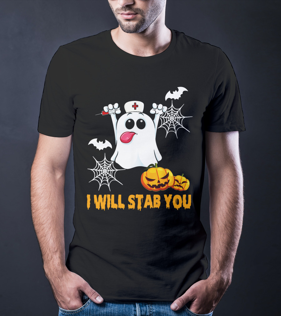 I Will Stab You Funny Nurse Ghost With Pumpkins And Bats T-Shirt