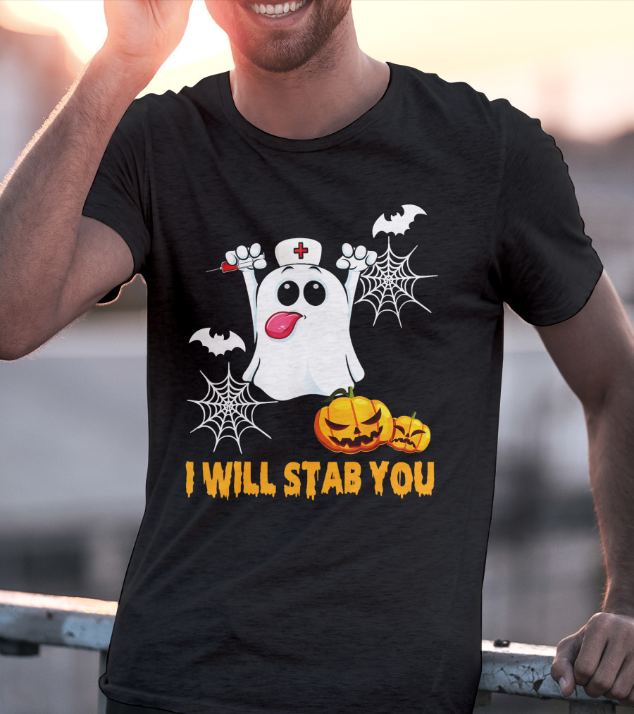I Will Stab You Funny Nurse Ghost With Pumpkins And Bats T-Shirt