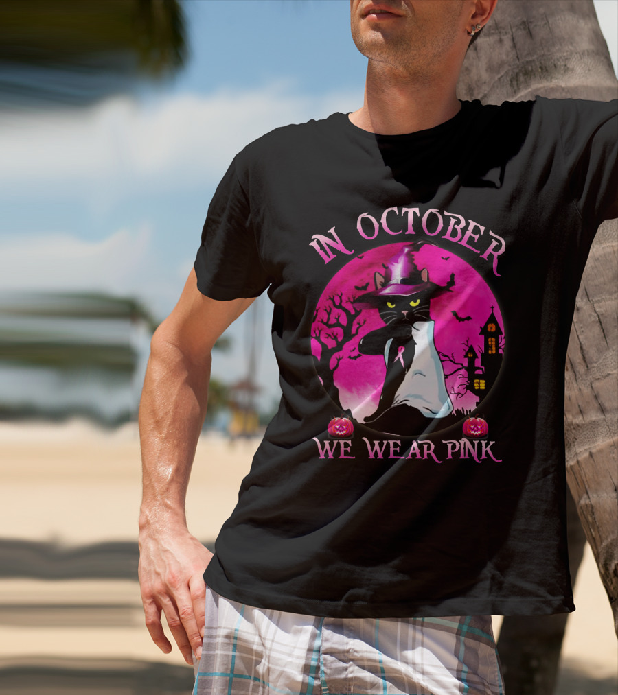 In October We Wear Pink Cat Halloween Pink Ribbon Moon Bats Jack O'Lanterns T-Shirt
