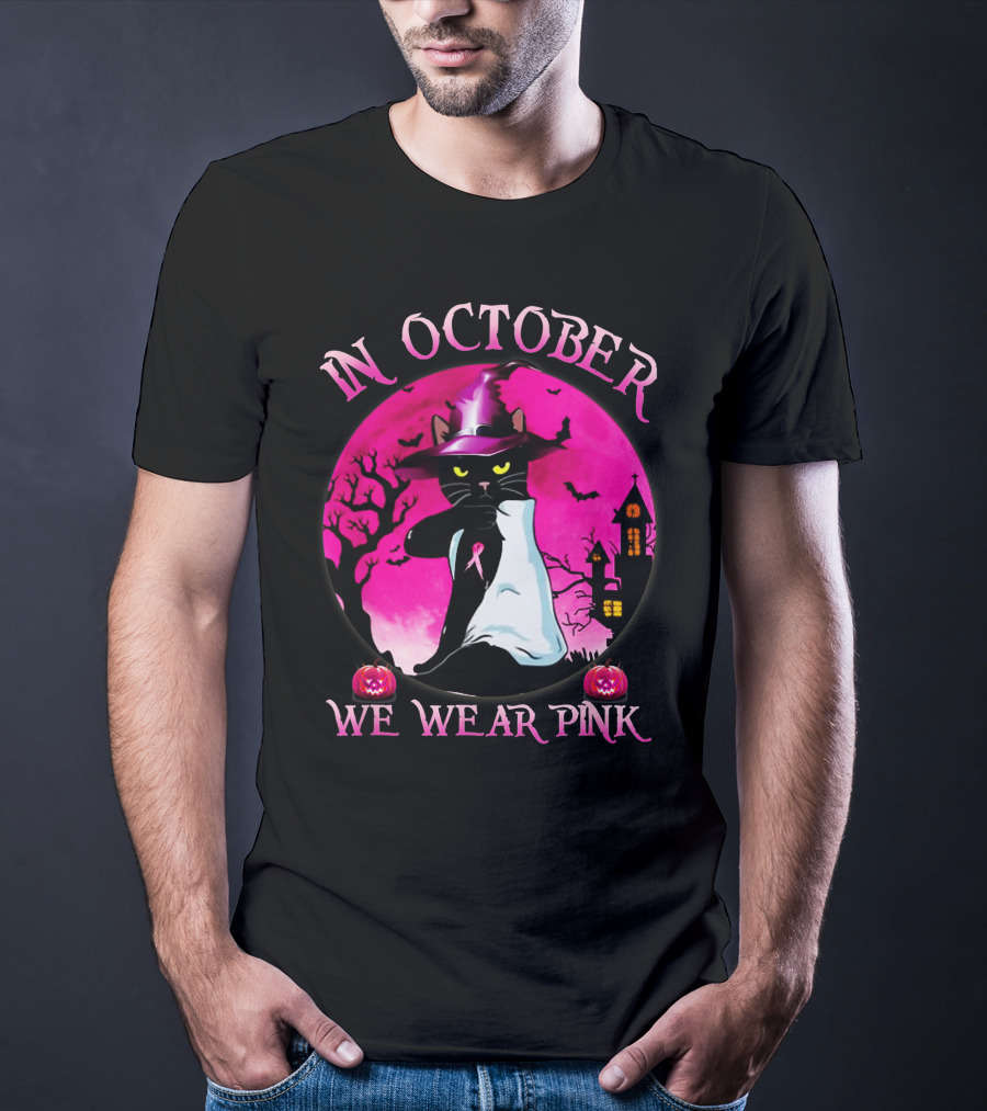 In October We Wear Pink Cat Halloween Pink Ribbon Moon Bats Jack O'Lanterns T-Shirt