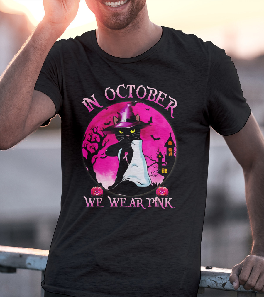 In October We Wear Pink Cat Halloween Pink Ribbon Moon Bats Jack O'Lanterns T-Shirt