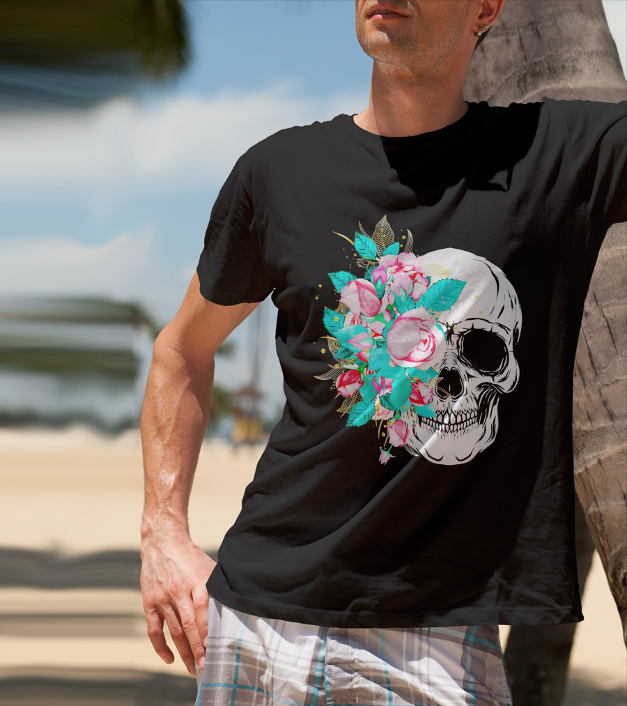 Flower Skull Floral Fusion With Vintage Rose Elements T-Shirt