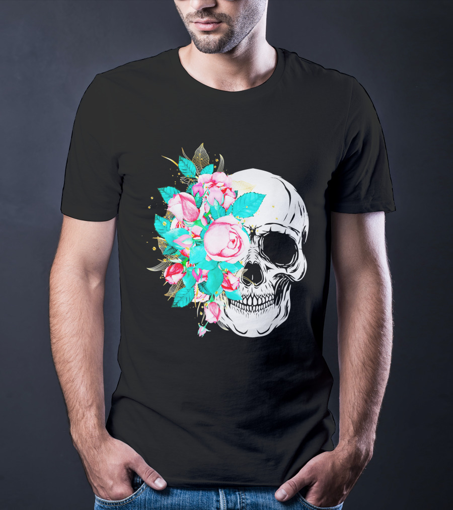 Flower Skull Floral Fusion With Vintage Rose Elements T-Shirt