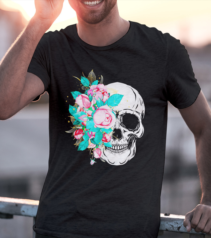 Flower Skull Floral Fusion With Vintage Rose Elements T-Shirt