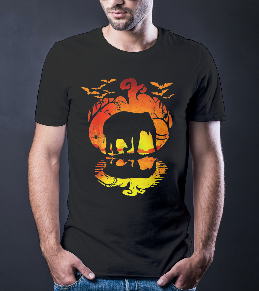 Elephant Silhouette Pumpkin Reflection With Bats And Trees T-Shirt