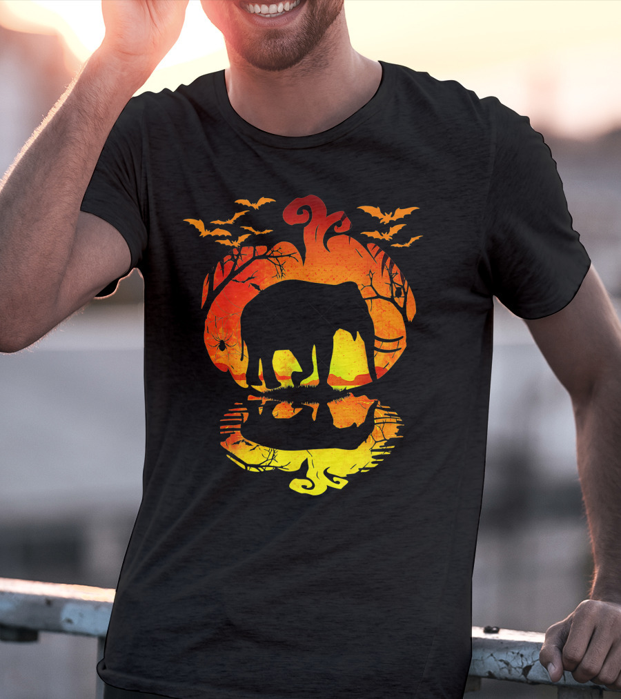 Elephant Silhouette Pumpkin Reflection With Bats And Trees T-Shirt
