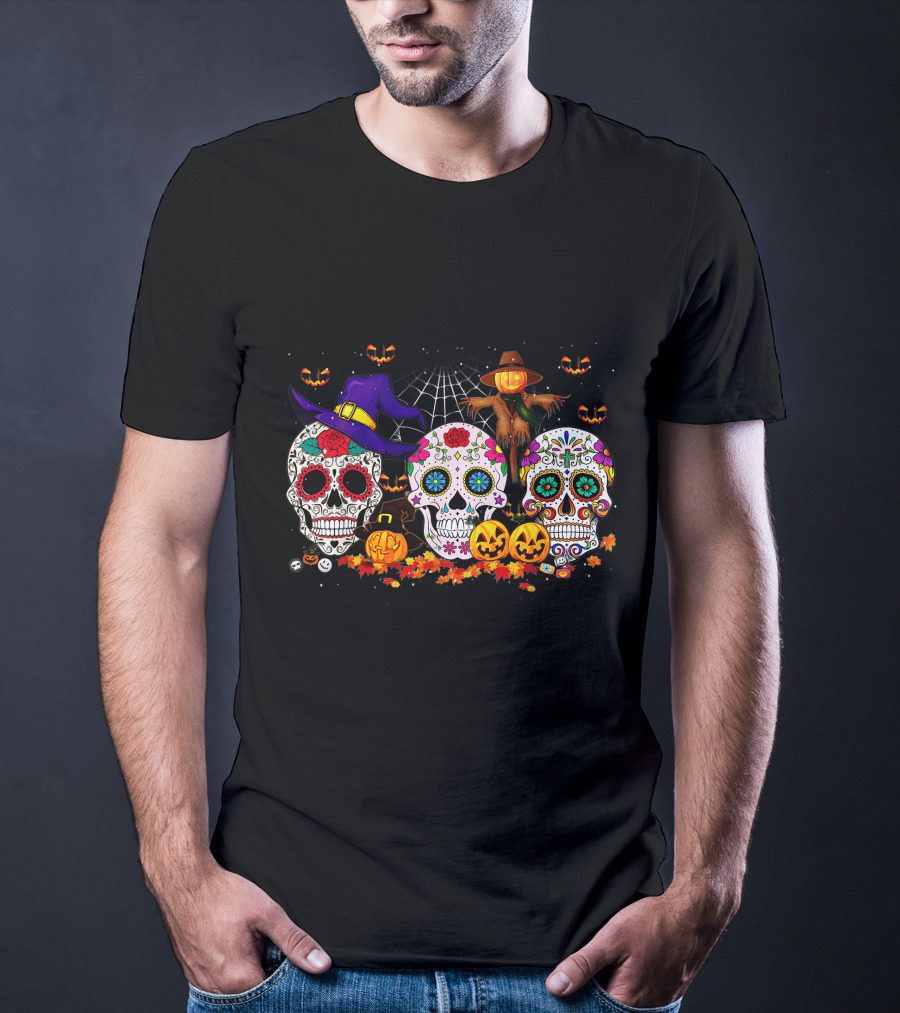 Sugar Skull Halloween Pumpkins And Scarecrow Scene T-Shirt