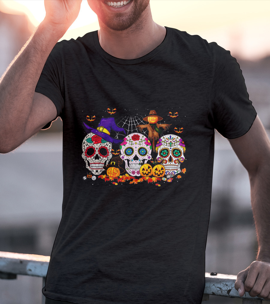 Sugar Skull Halloween Pumpkins And Scarecrow Scene T-Shirt