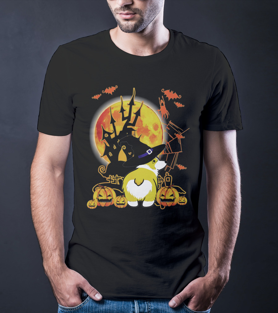 Corgi Dog Lovers Funny Dog Halloween Witch Moon Pumpkins Haunted House Bats T-Shirt