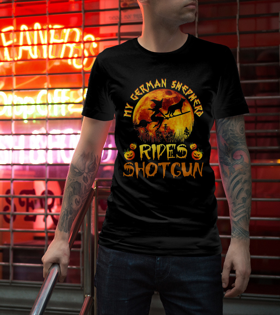 My German Shepherd Rides Shotgun Witch Halloween Pumpkins Moon T-Shirt