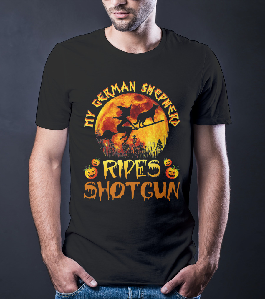 My German Shepherd Rides Shotgun Witch Halloween Pumpkins Moon T-Shirt