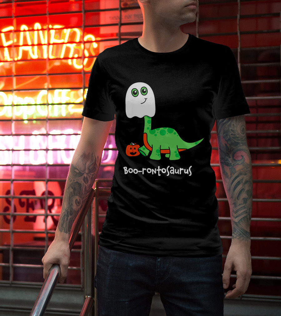 Boo-rontosaurus Ghost Dinosaur With Pumpkin Halloween Cute Funny Brontosaurus T-Shirt