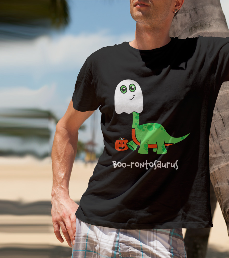 Boo-rontosaurus Ghost Dinosaur With Pumpkin Halloween Cute Funny Brontosaurus T-Shirt