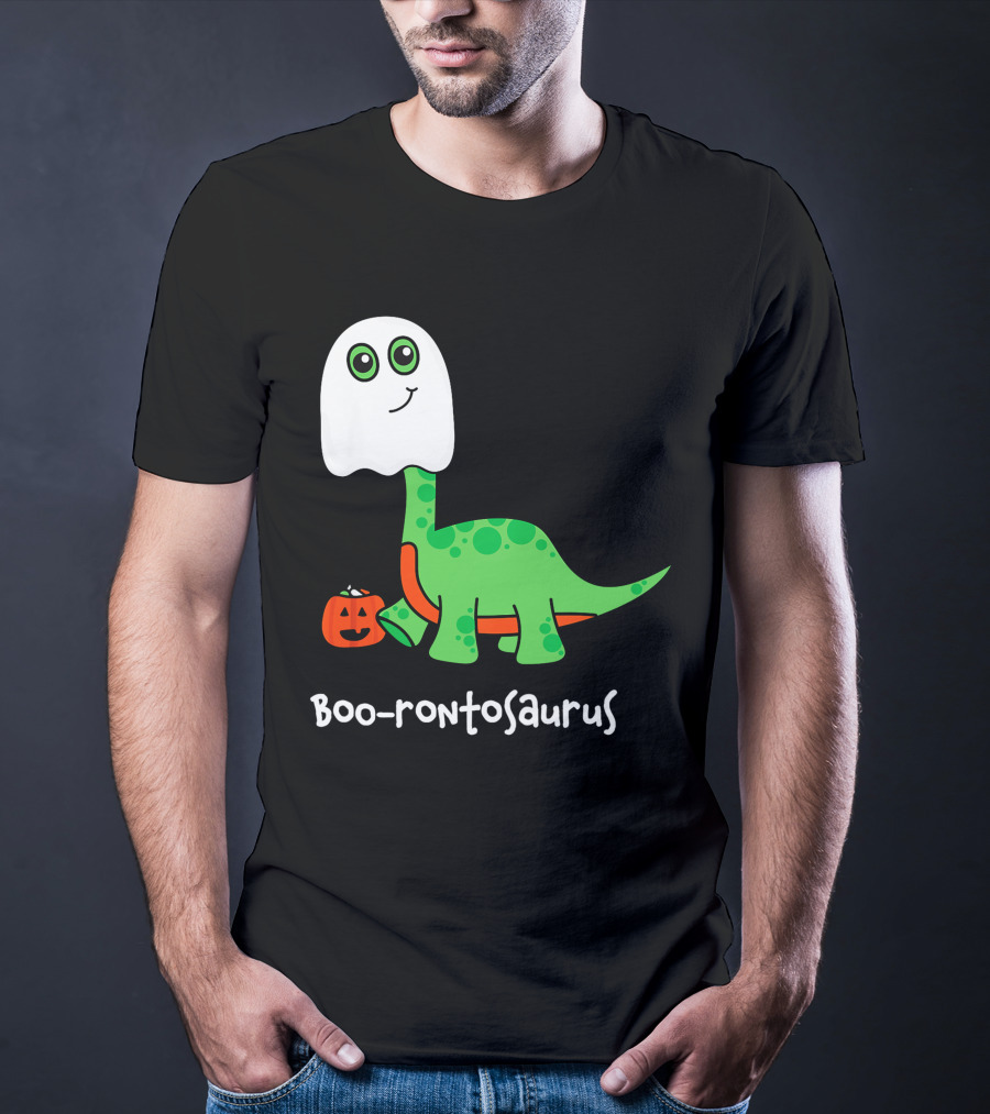 Boo-rontosaurus Ghost Dinosaur With Pumpkin Halloween Cute Funny Brontosaurus T-Shirt