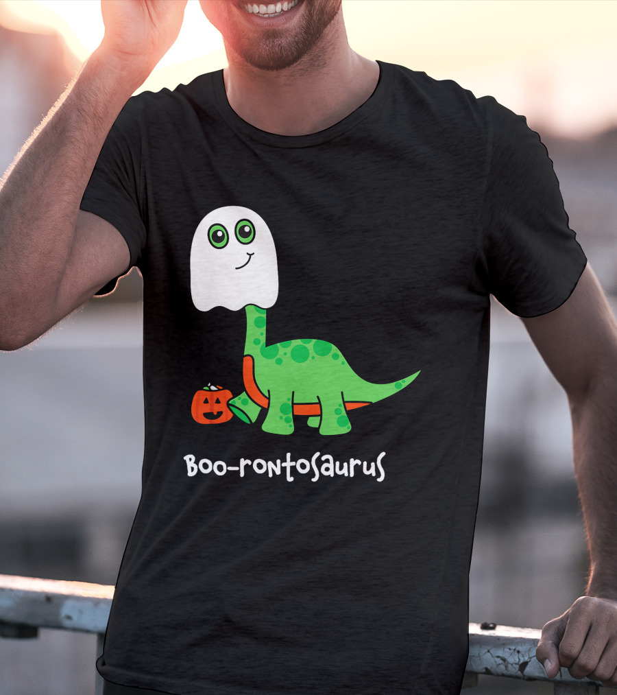 Boo-rontosaurus Ghost Dinosaur With Pumpkin Halloween Cute Funny Brontosaurus T-Shirt